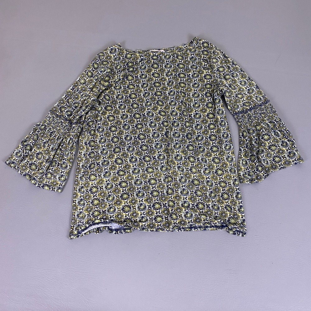 Harlow & Rose Blouse Top Women's Size XL Boho Medallion Bell Sleeve‎ Navy Yellow
